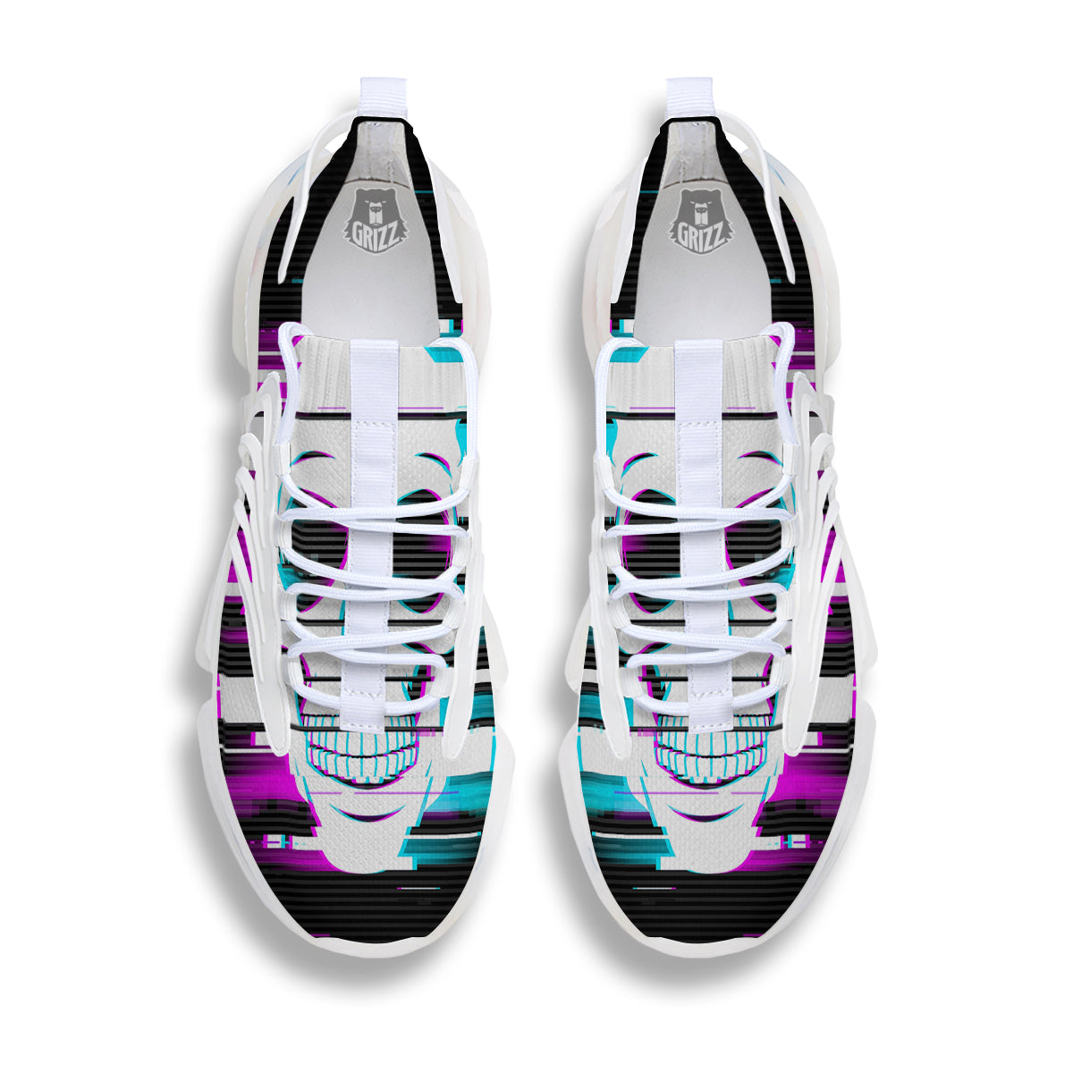 Smiling Skull Glitch Print White Gym Shoes-grizzshop