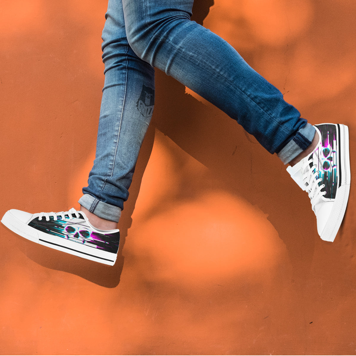 Smiling Skull Glitch Print White Low Top Shoes-grizzshop