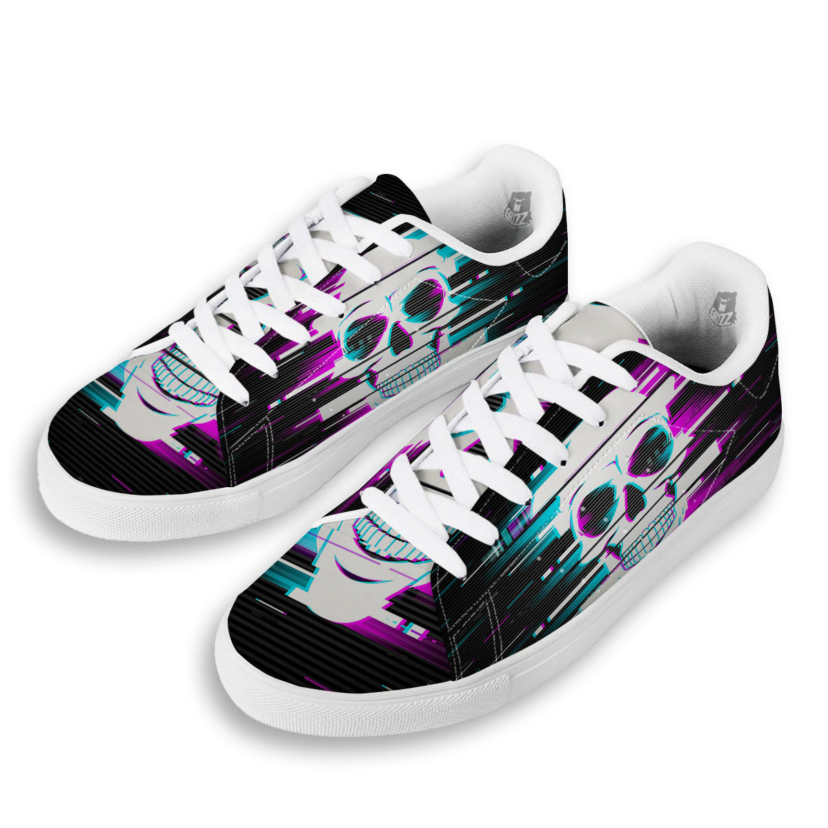 Smiling Skull Glitch Print White Low Top Sneakers-grizzshop