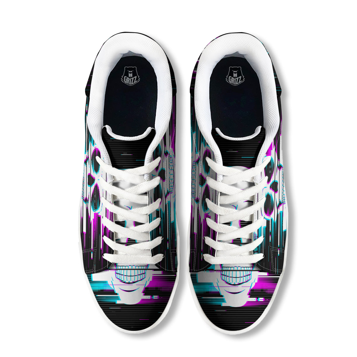 Smiling Skull Glitch Print White Low Top Sneakers-grizzshop
