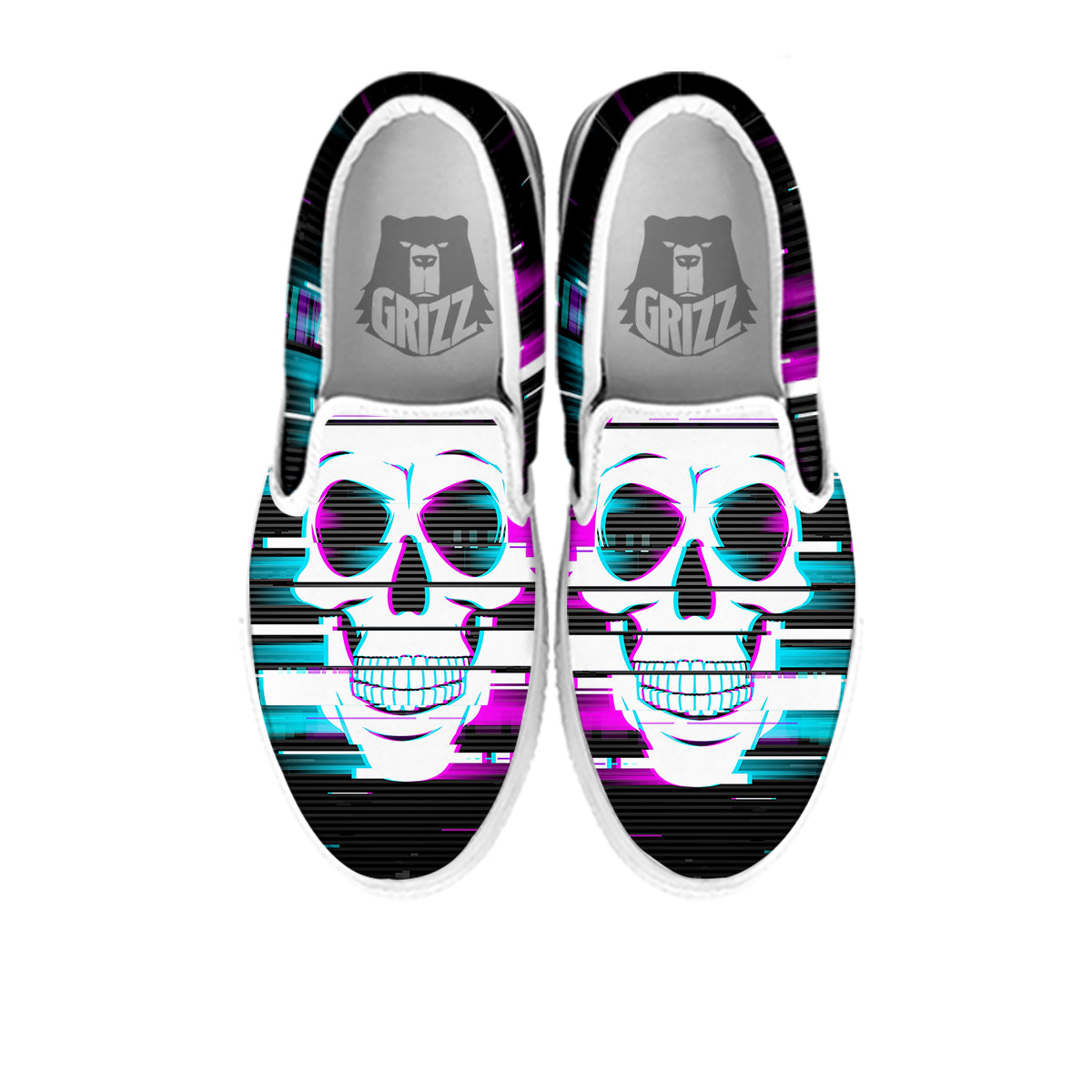 Smiling Skull Glitch Print White Slip On Shoes-grizzshop