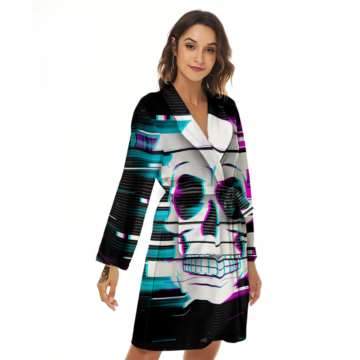 Smiling Skull Glitch Print Women's Robe-grizzshop