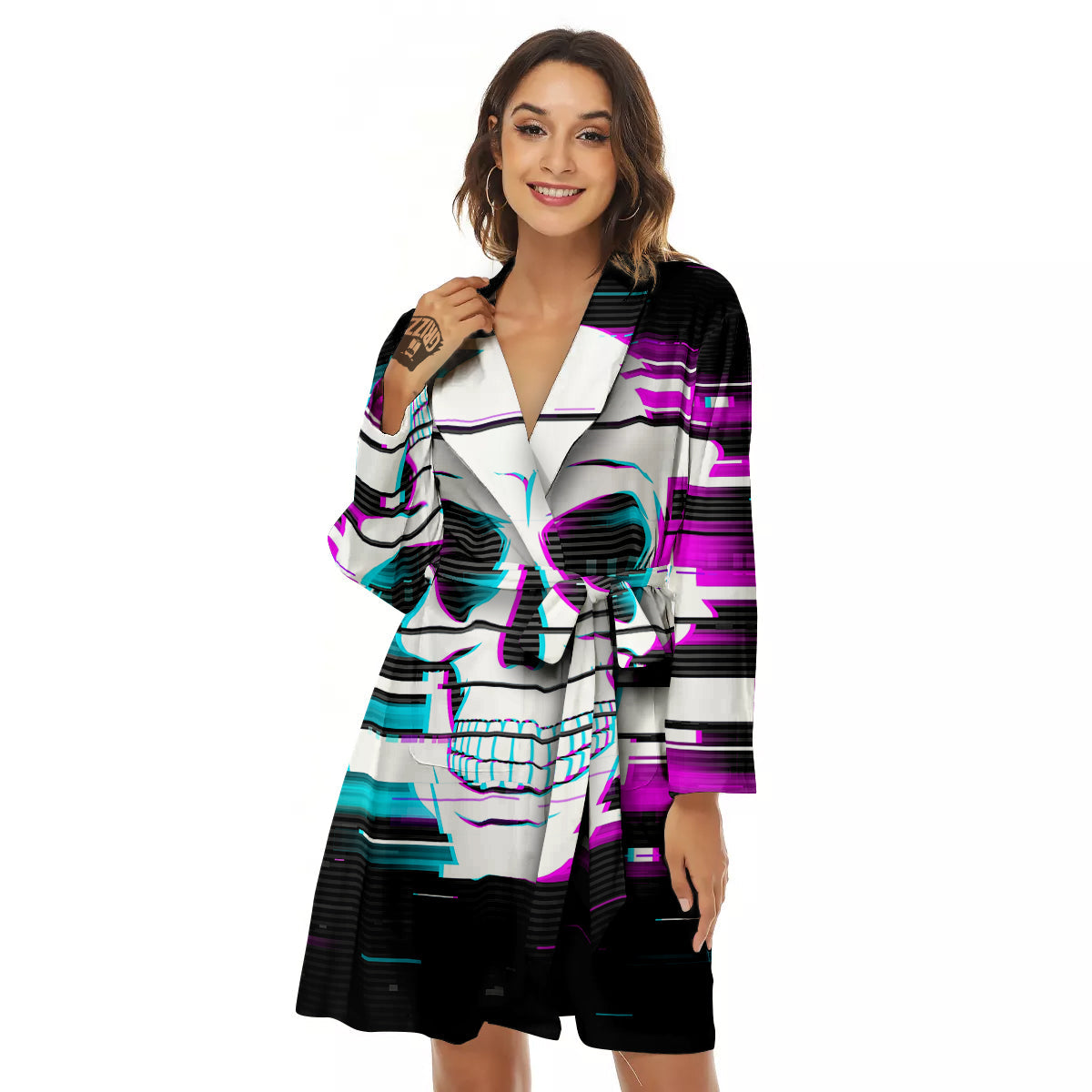 Smiling Skull Glitch Print Women's Robe-grizzshop