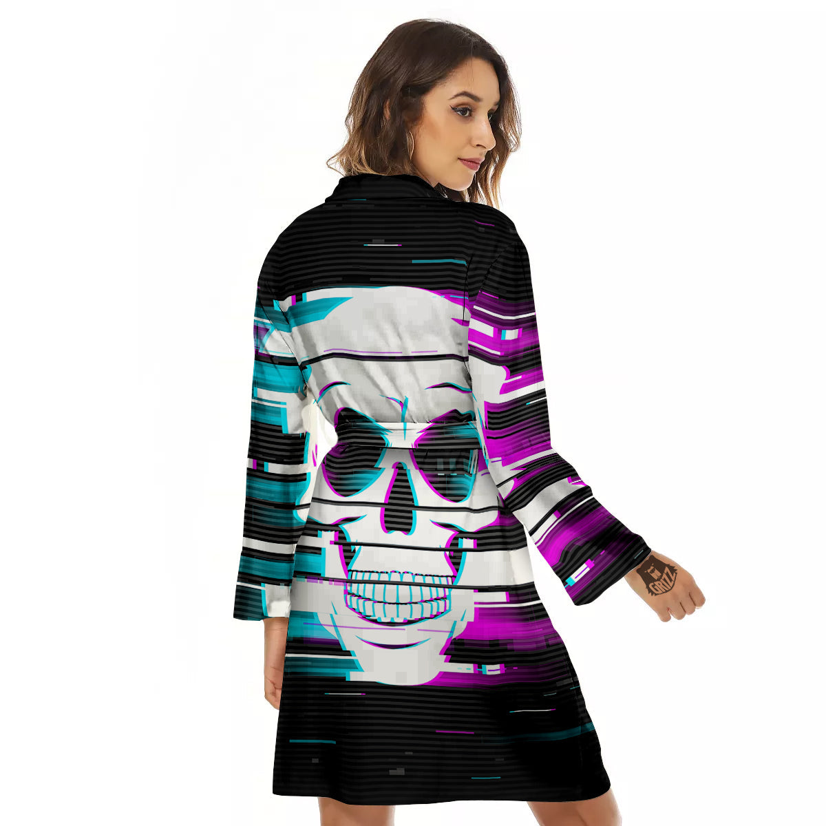 Smiling Skull Glitch Print Women's Robe-grizzshop