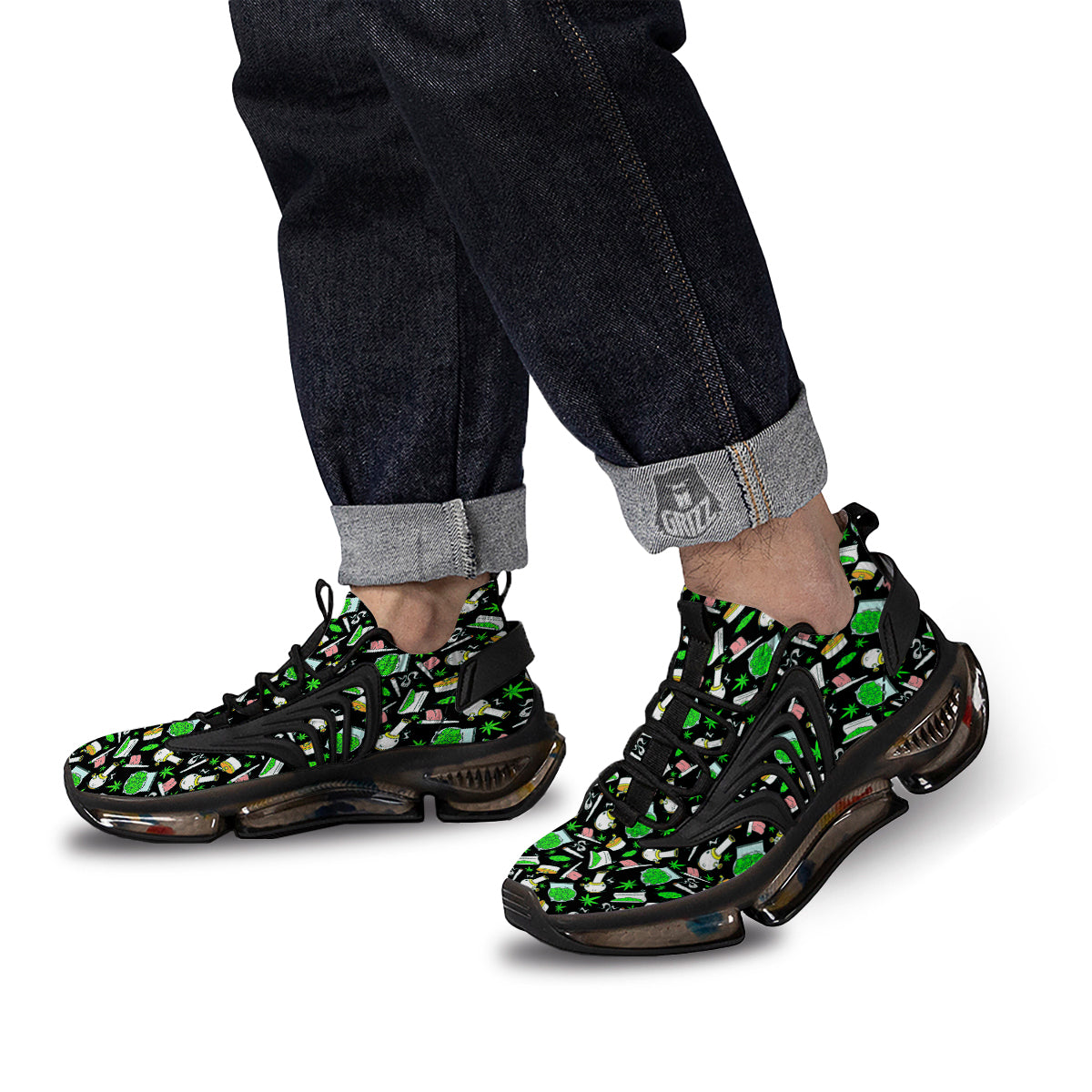 Smoke Weed Green Neon Print Pattern Black Gym Shoes-grizzshop