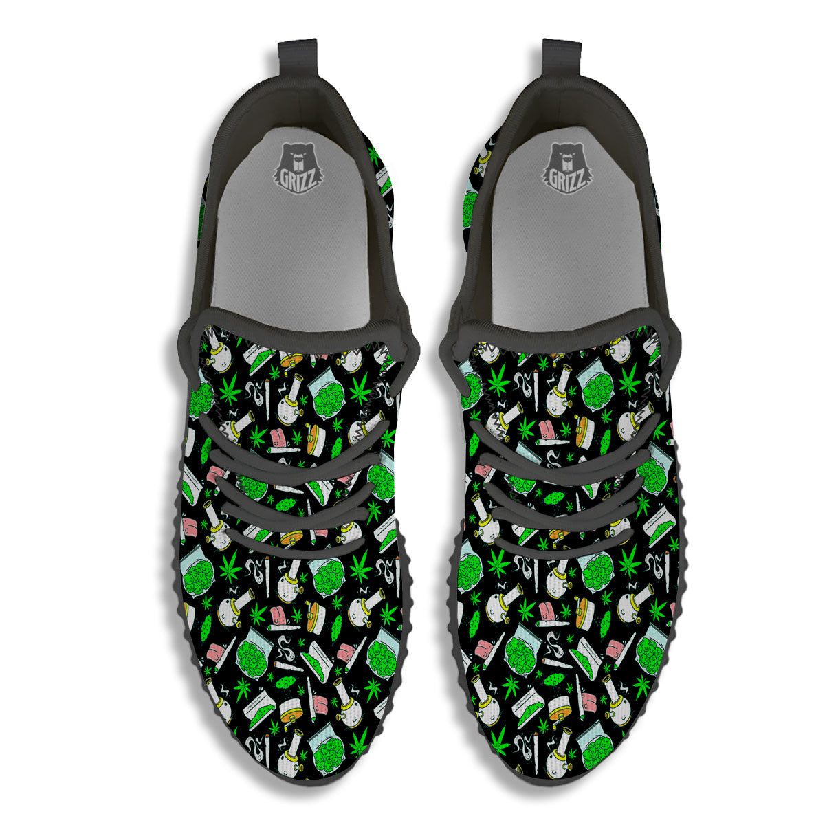Smoke Weed Green Neon Print Pattern Black Walking Shoes-grizzshop