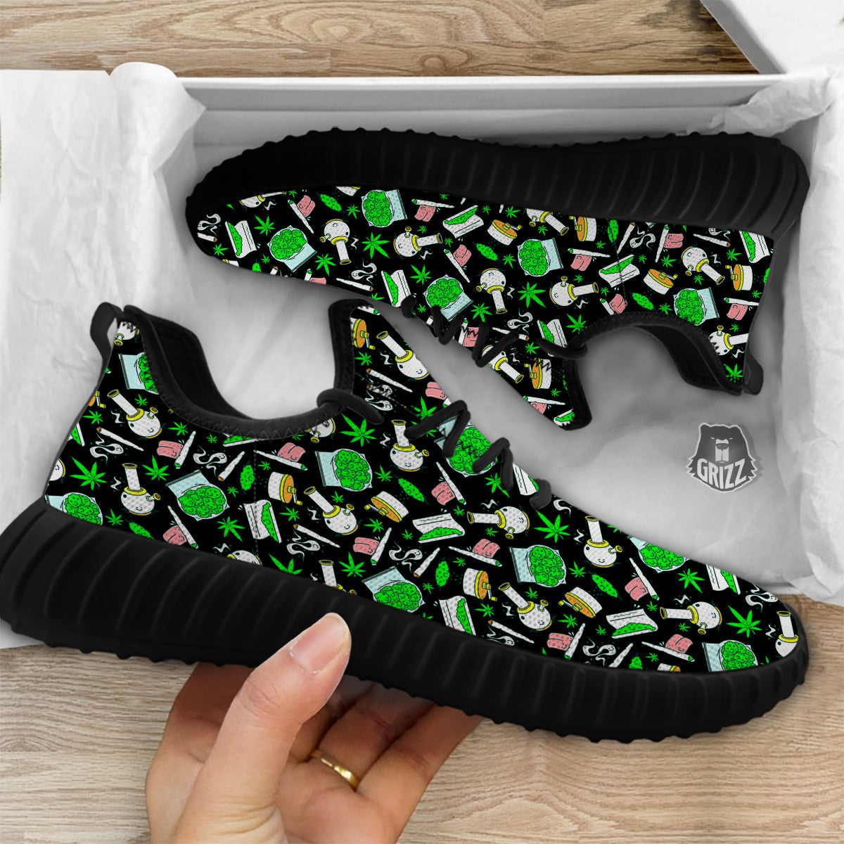 Smoke Weed Green Neon Print Pattern Black Walking Shoes-grizzshop