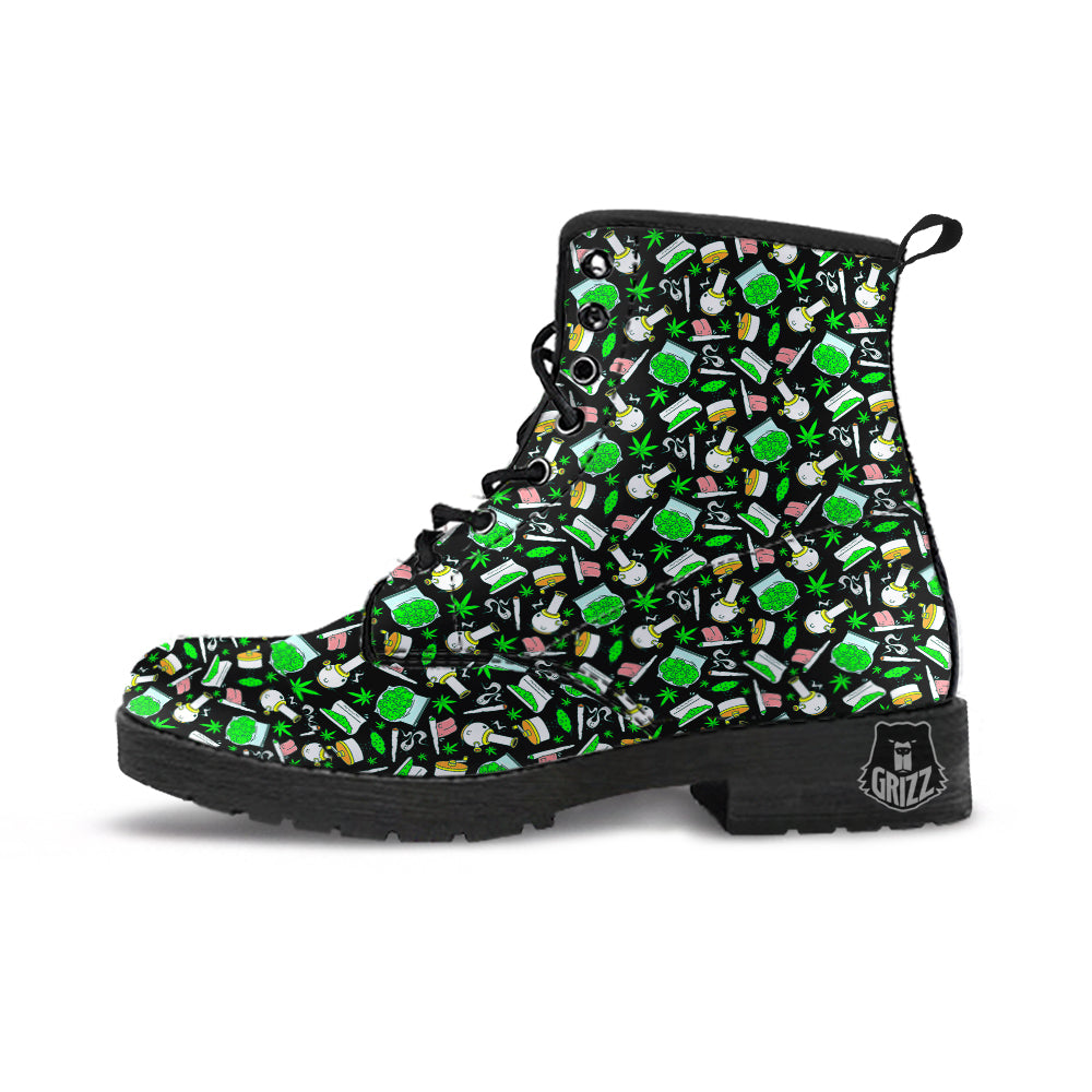 Smoke Weed Green Neon Print Pattern Leather Boots-grizzshop