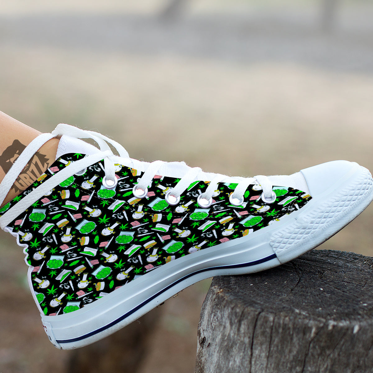 Smoke Weed Green Neon Print Pattern White High Top Shoes-grizzshop