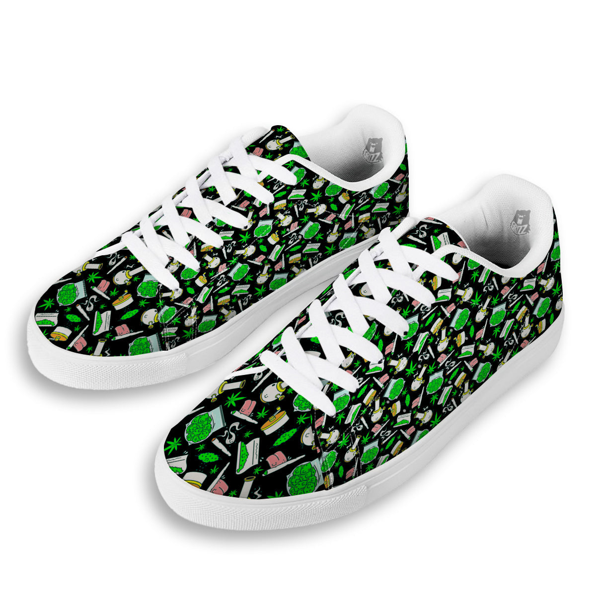 Smoke Weed Green Neon Print Pattern White Low Top Sneakers-grizzshop