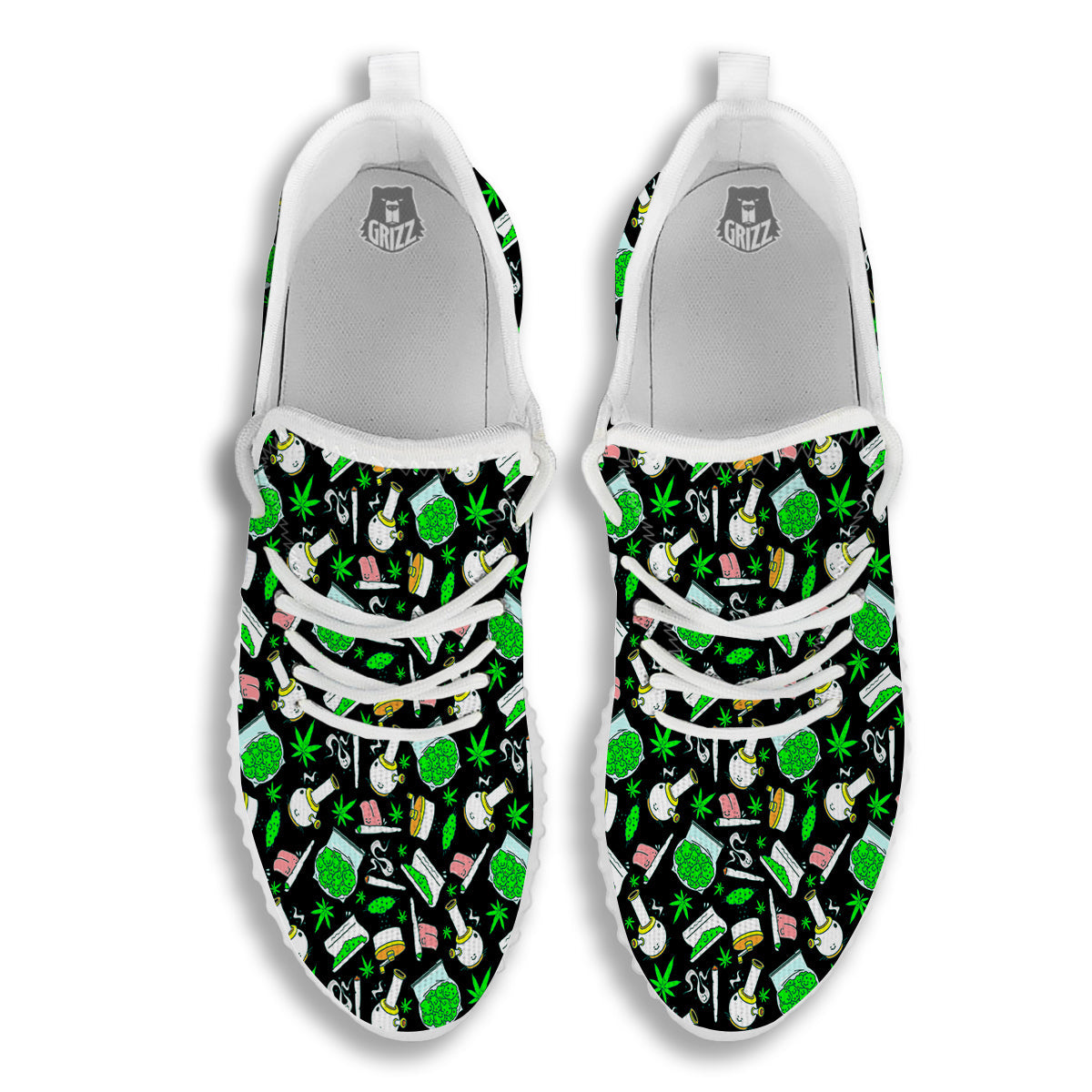 Smoke Weed Green Neon Print Pattern White Walking Shoes-grizzshop