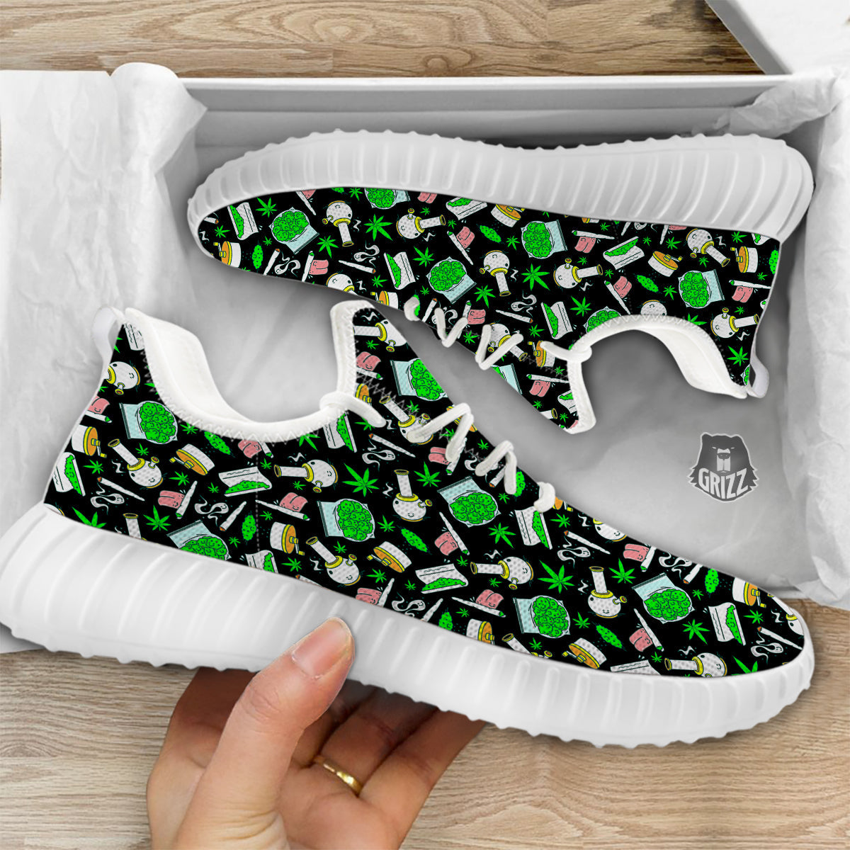 Smoke Weed Green Neon Print Pattern White Walking Shoes-grizzshop