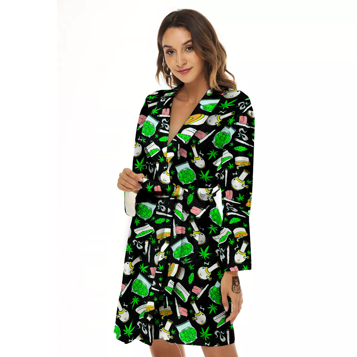 Smoke Weed Green Neon Print Pattern Women's Robe-grizzshop