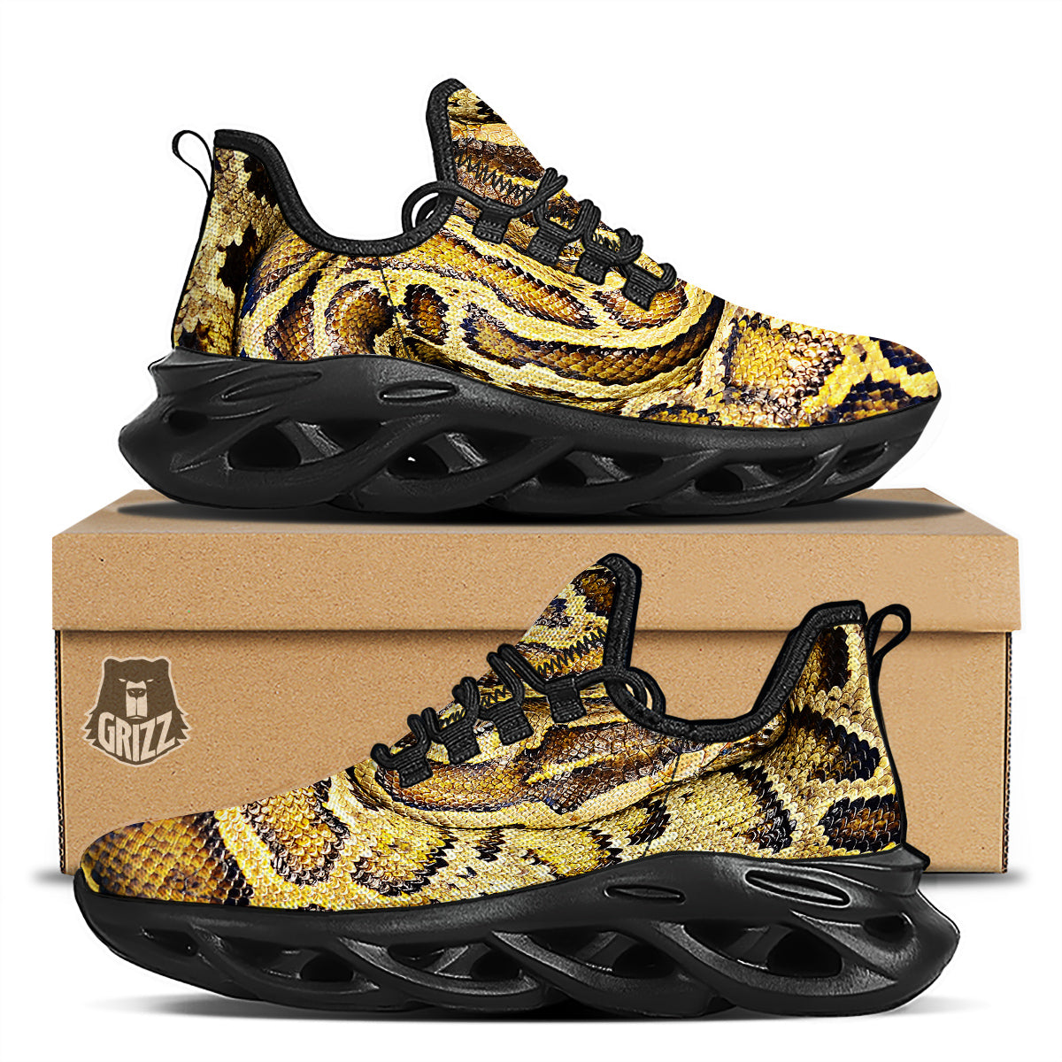 Snake Burmese Python Print Black Running Shoes-grizzshop