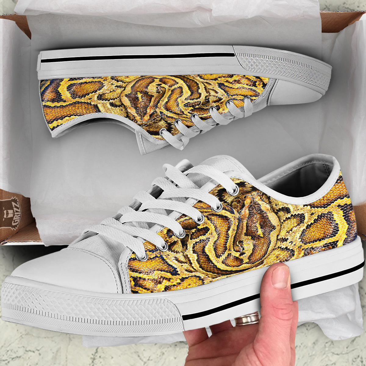 Snake Burmese Python Print White Low Top Shoes-grizzshop