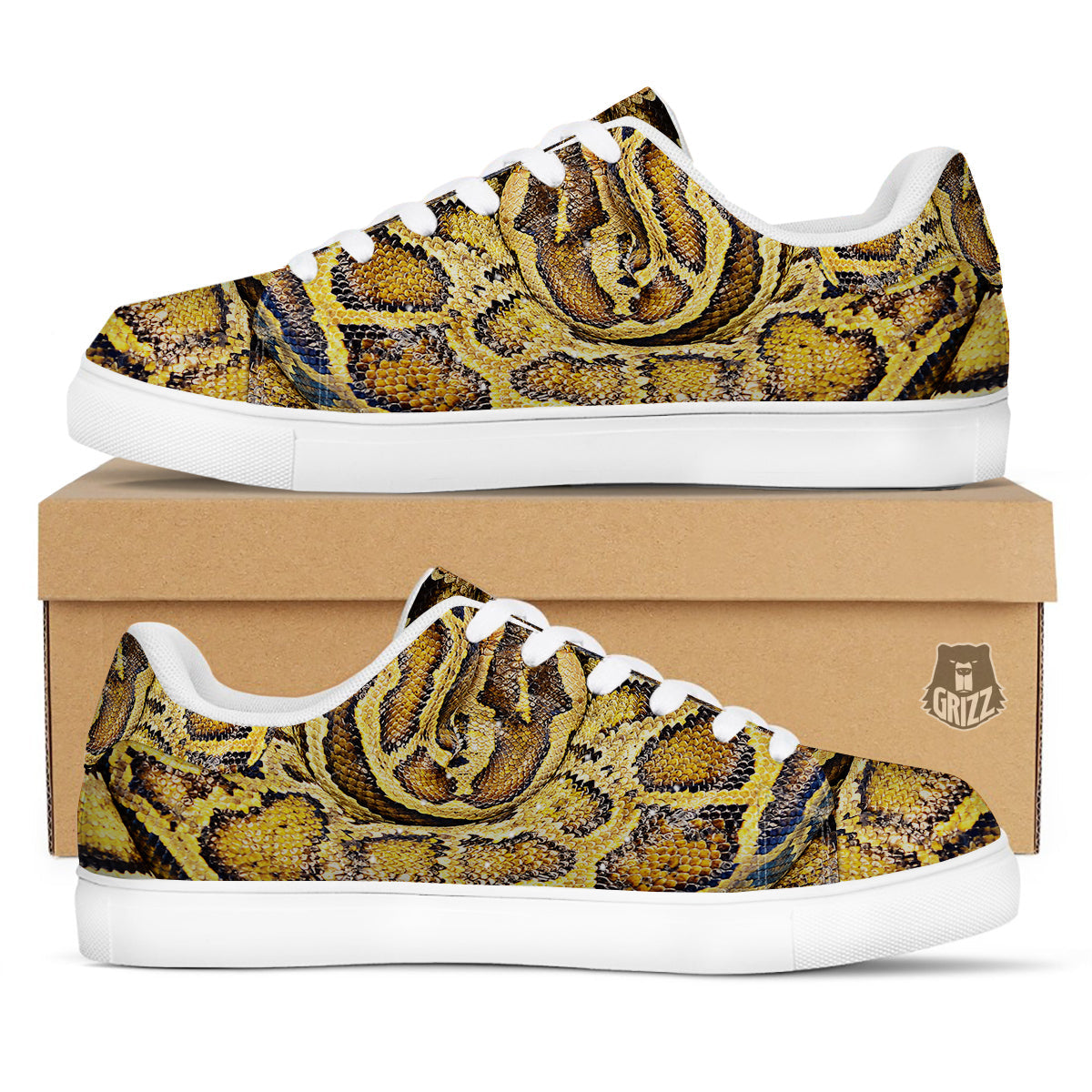 Snake Burmese Python Print White Low Top Sneakers-grizzshop