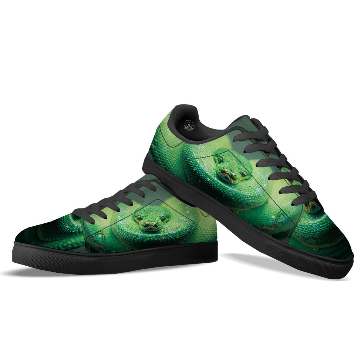 Snake Emerald Tree Boa Print Black Low Top Sneakers-grizzshop