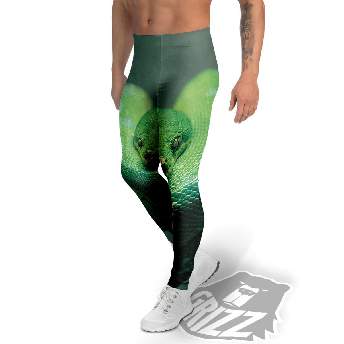 Snake Emerald Tree Boa Print Men's Leggings-grizzshop