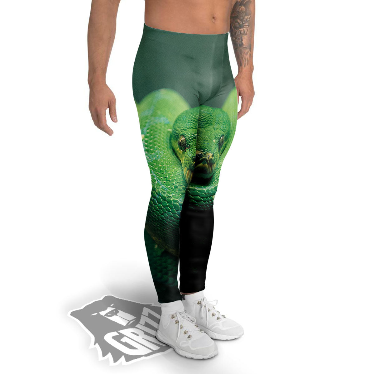 Snake Emerald Tree Boa Print Men's Leggings-grizzshop