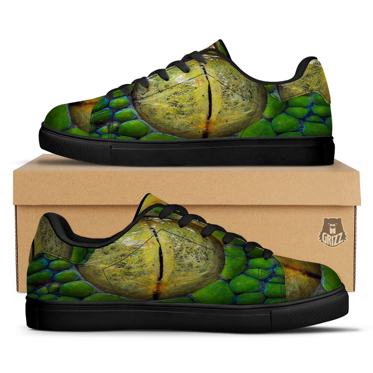 Snake Eye Green Print Black Low Top Sneakers-grizzshop