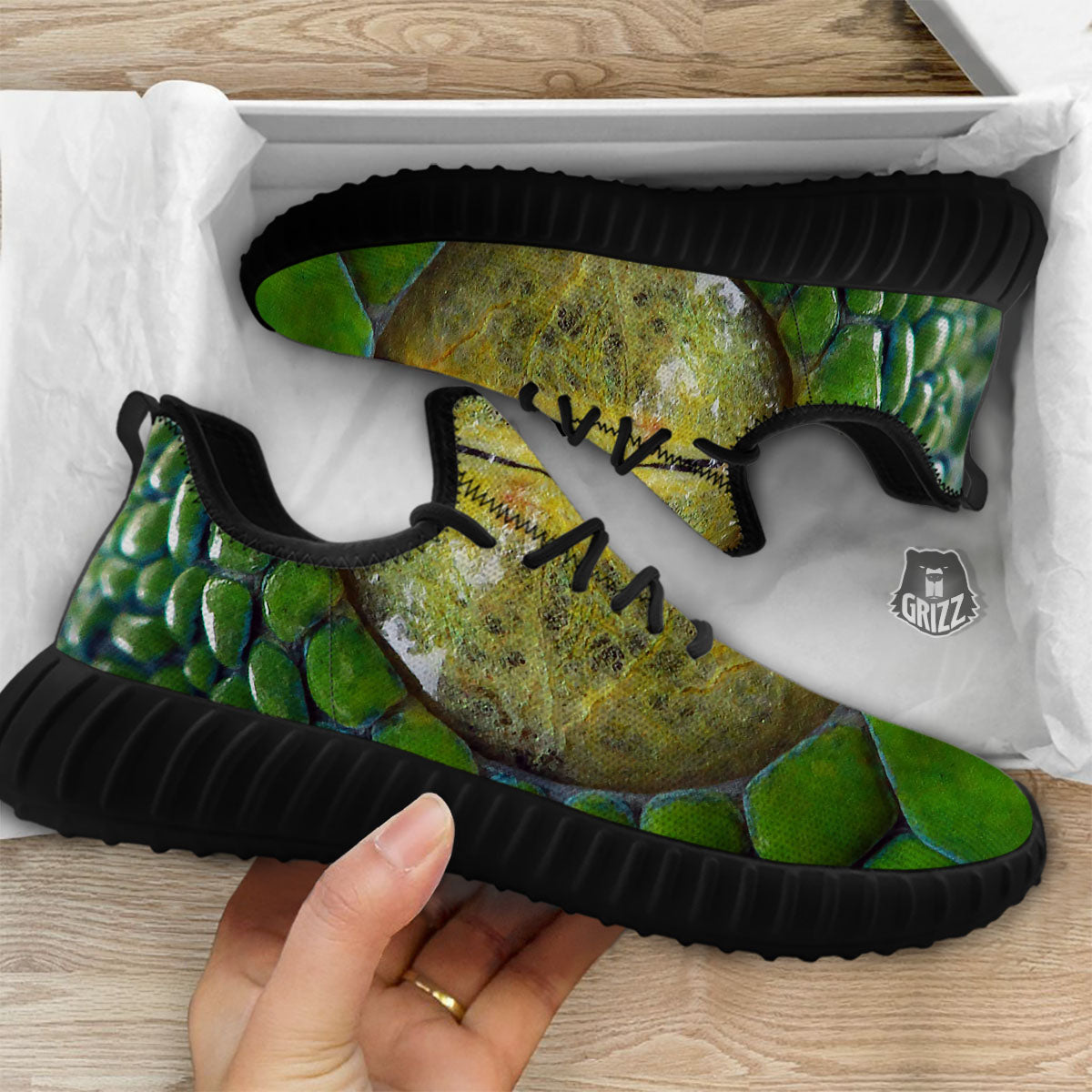 Snake Eye Green Print Black Walking Shoes-grizzshop