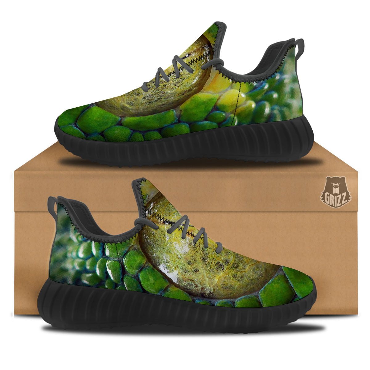 Snake Eye Green Print Black Walking Shoes-grizzshop