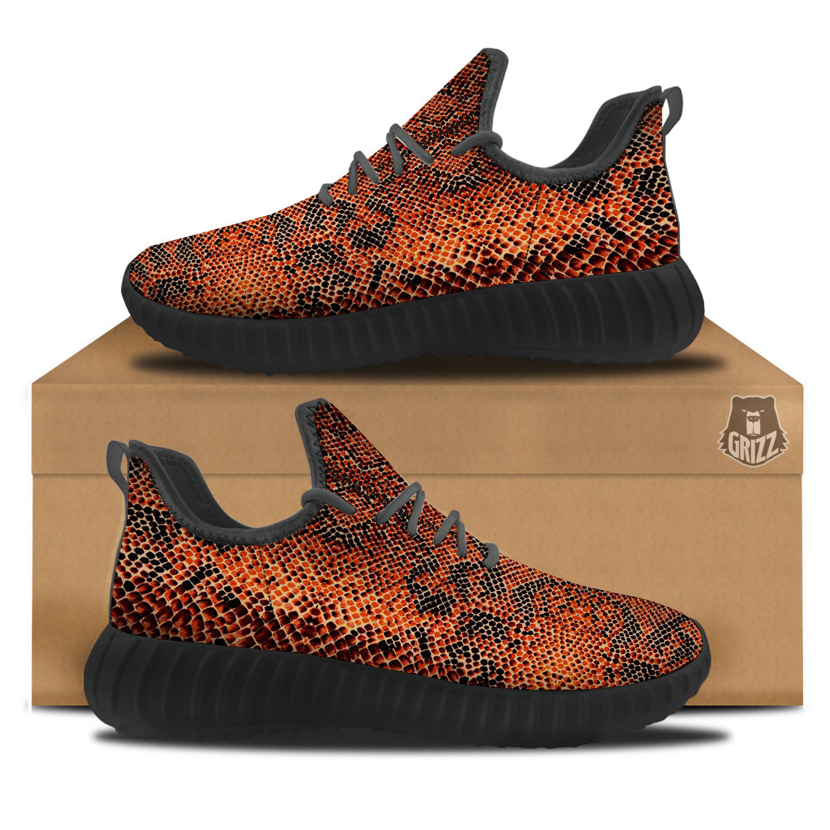 Snake Orange Print Pattern Black Walking Shoes-grizzshop