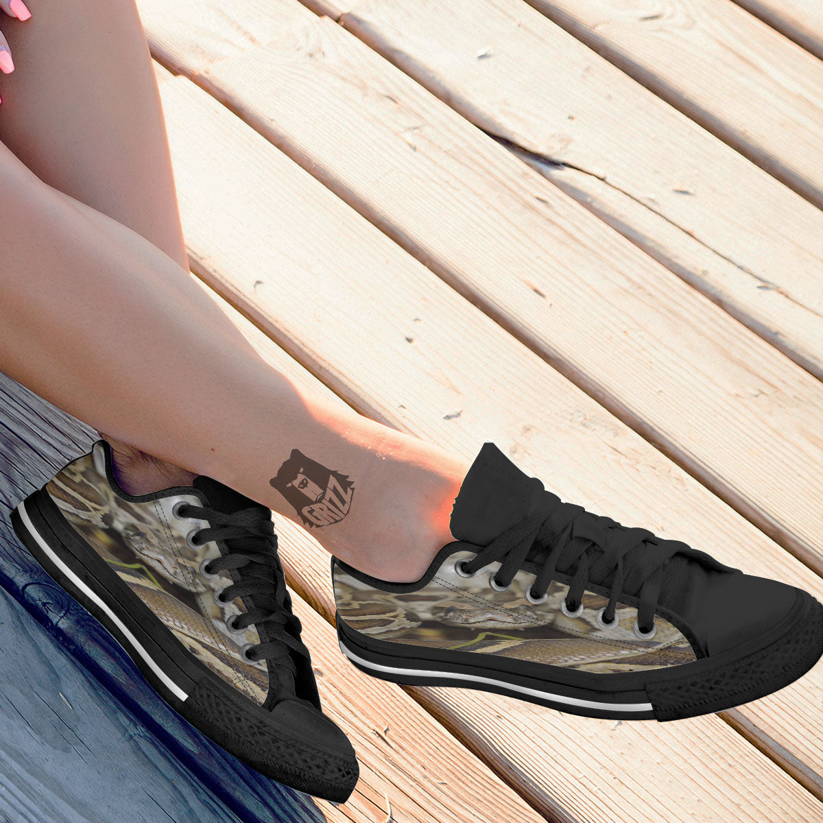 Snake Python Print Black Low Top Shoes-grizzshop