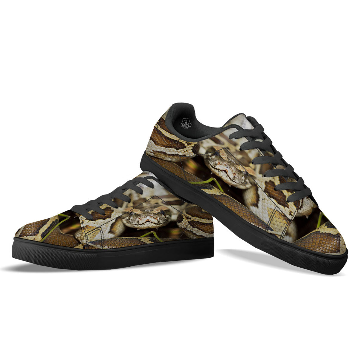 Snake Python Print Black Low Top Sneakers-grizzshop