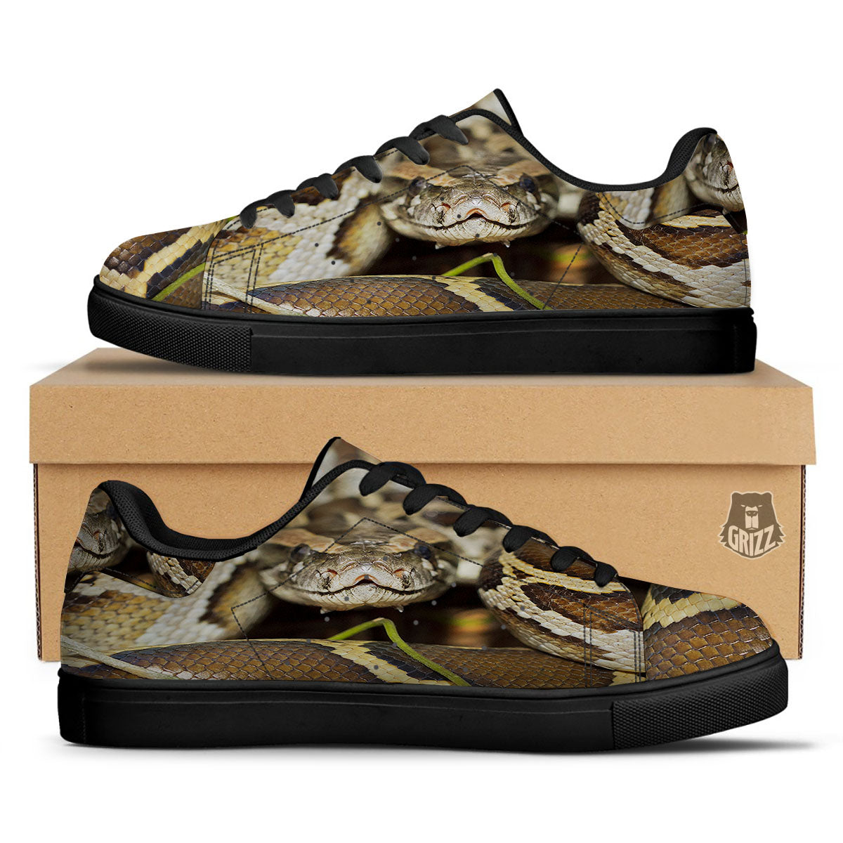 Snake Python Print Black Low Top Sneakers-grizzshop