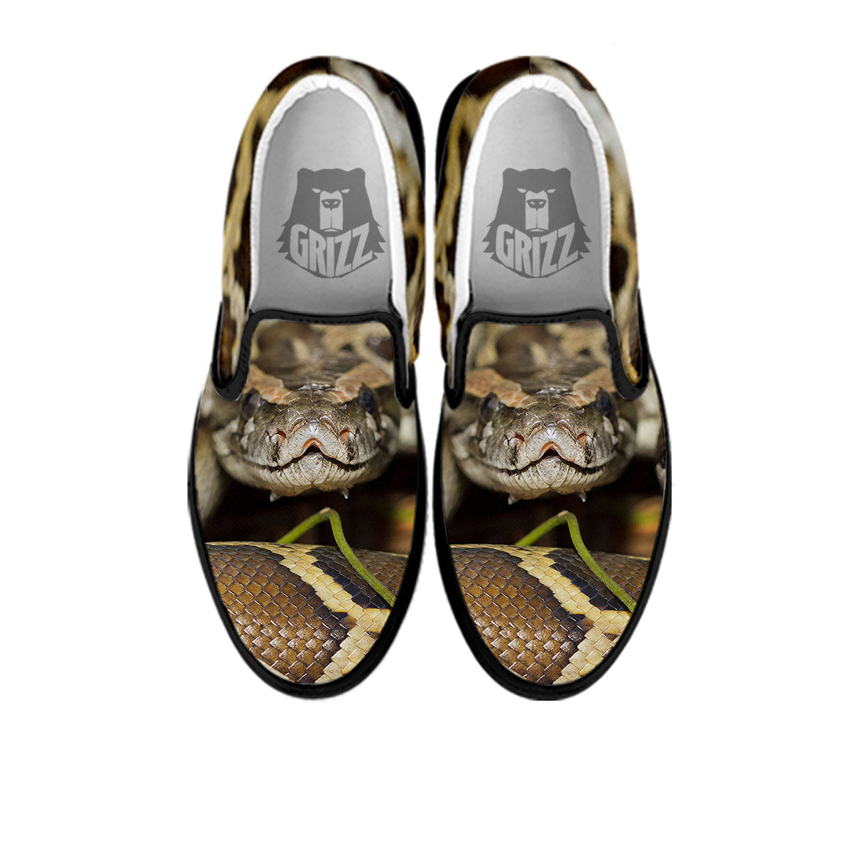 Snake Python Print Black Slip On Shoes-grizzshop