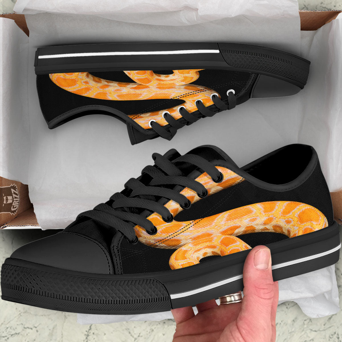 Snake Python Yellow Print Black Low Top Shoes-grizzshop