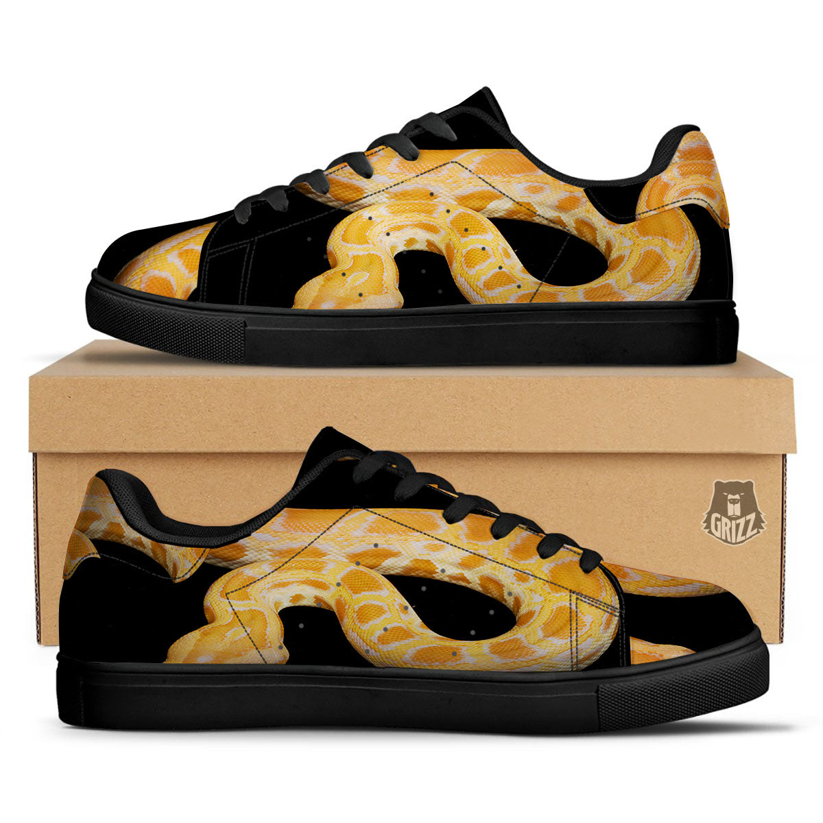 Snake Python Yellow Print Black Low Top Sneakers-grizzshop