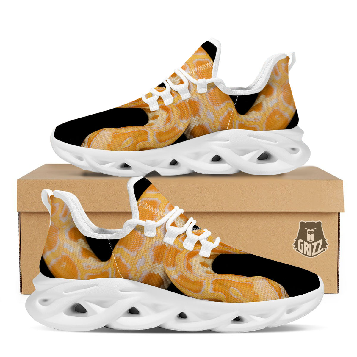Snake Python Yellow Print White Running Shoes-grizzshop