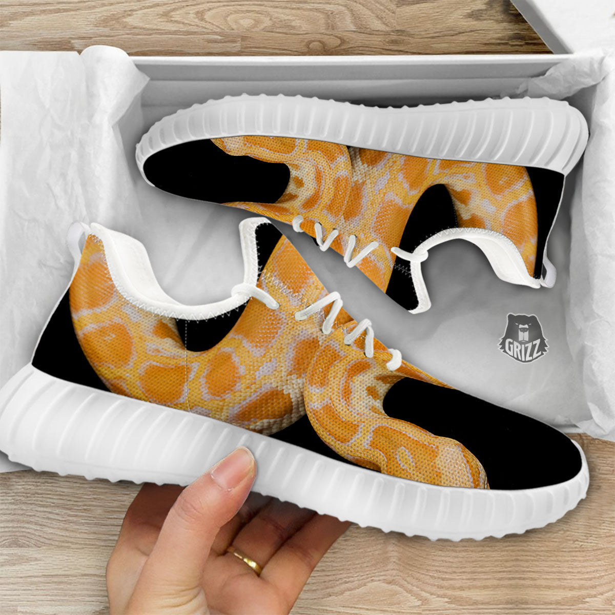 Snake Python Yellow Print White Walking Shoes-grizzshop