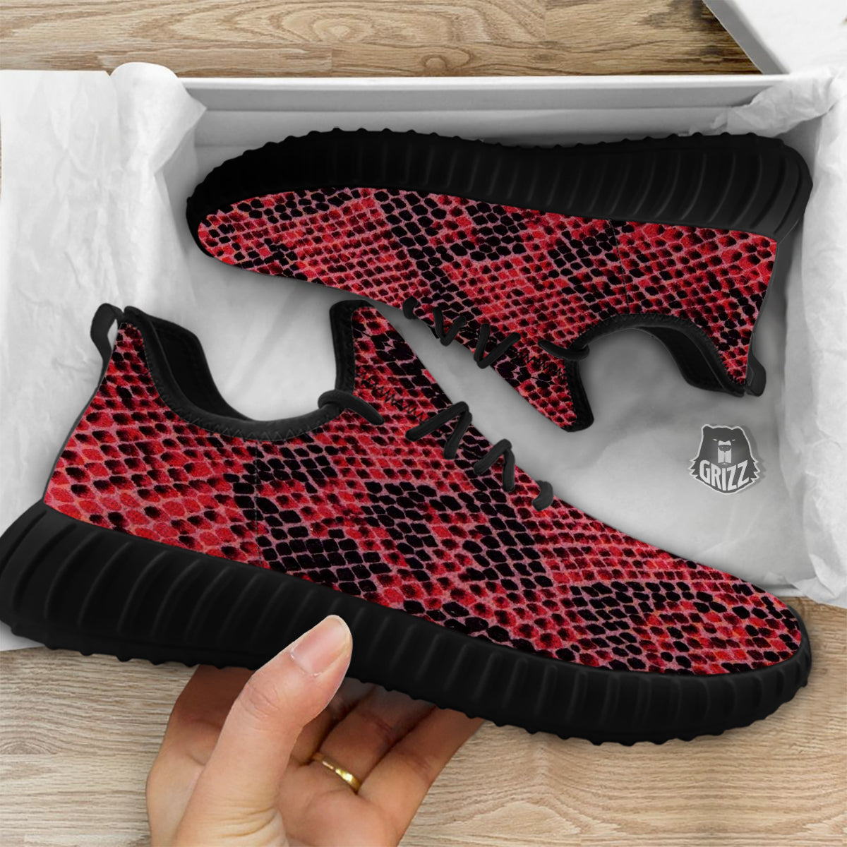 Snake Skin Black And Red Print Black Walking Shoes-grizzshop