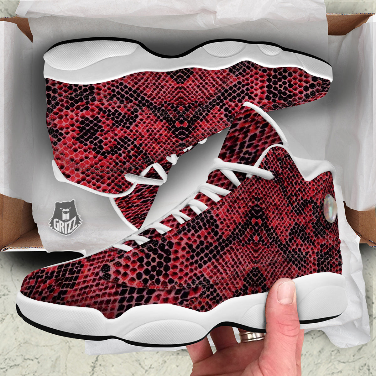 Snake Skin Black And Red Print White Basketball Shoes-grizzshop