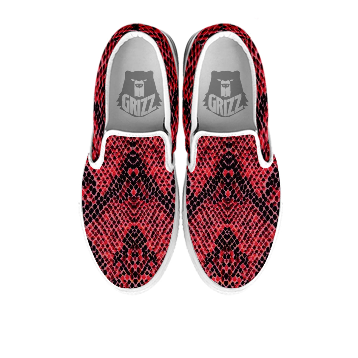Snake Skin Black And Red Print White Slip On Shoes-grizzshop