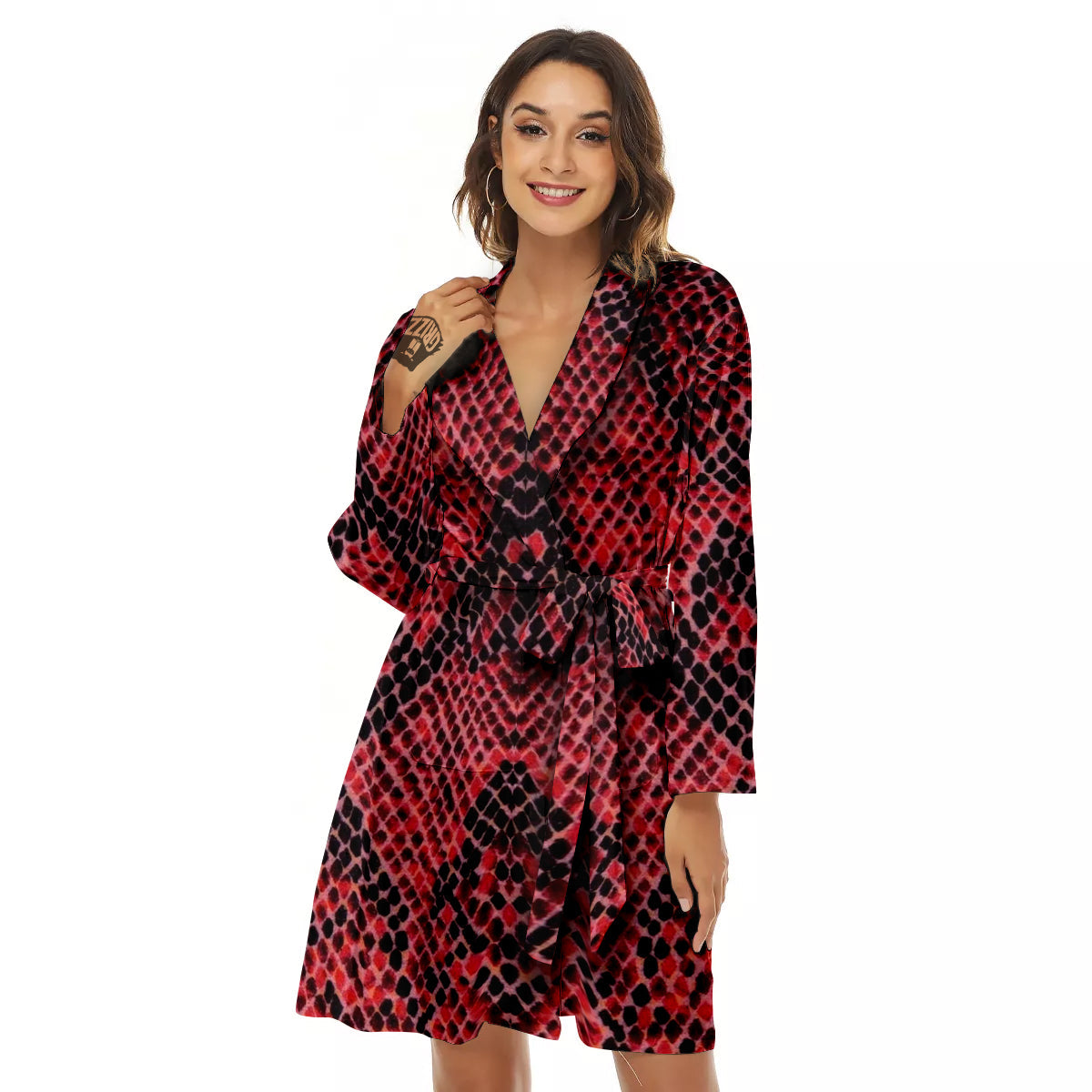 Snake Skin Black And Red Print Women's Robe-grizzshop