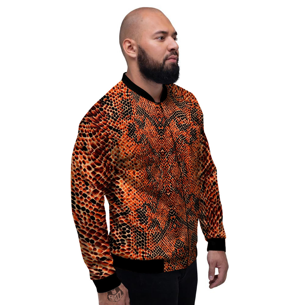 Snake Skin Black Orange Print Men's Bomber Jacket-grizzshop