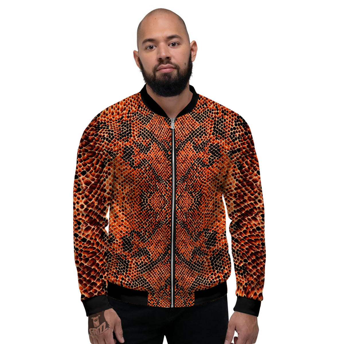 Snake Skin Black Orange Print Men's Bomber Jacket-grizzshop