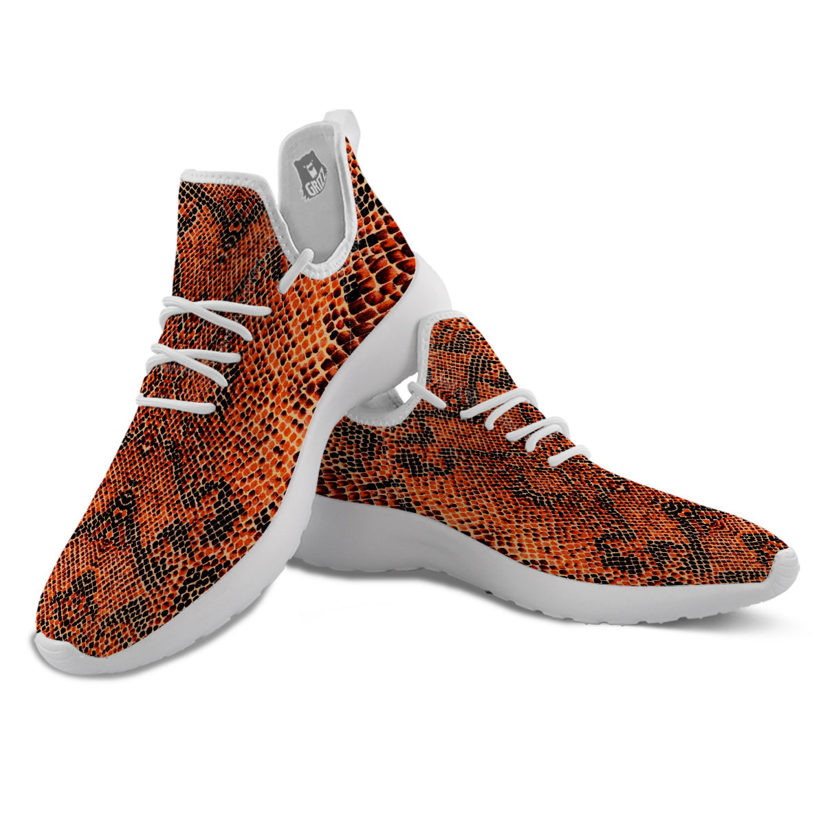 Snake Skin Black Orange Print White Athletic Shoes-grizzshop