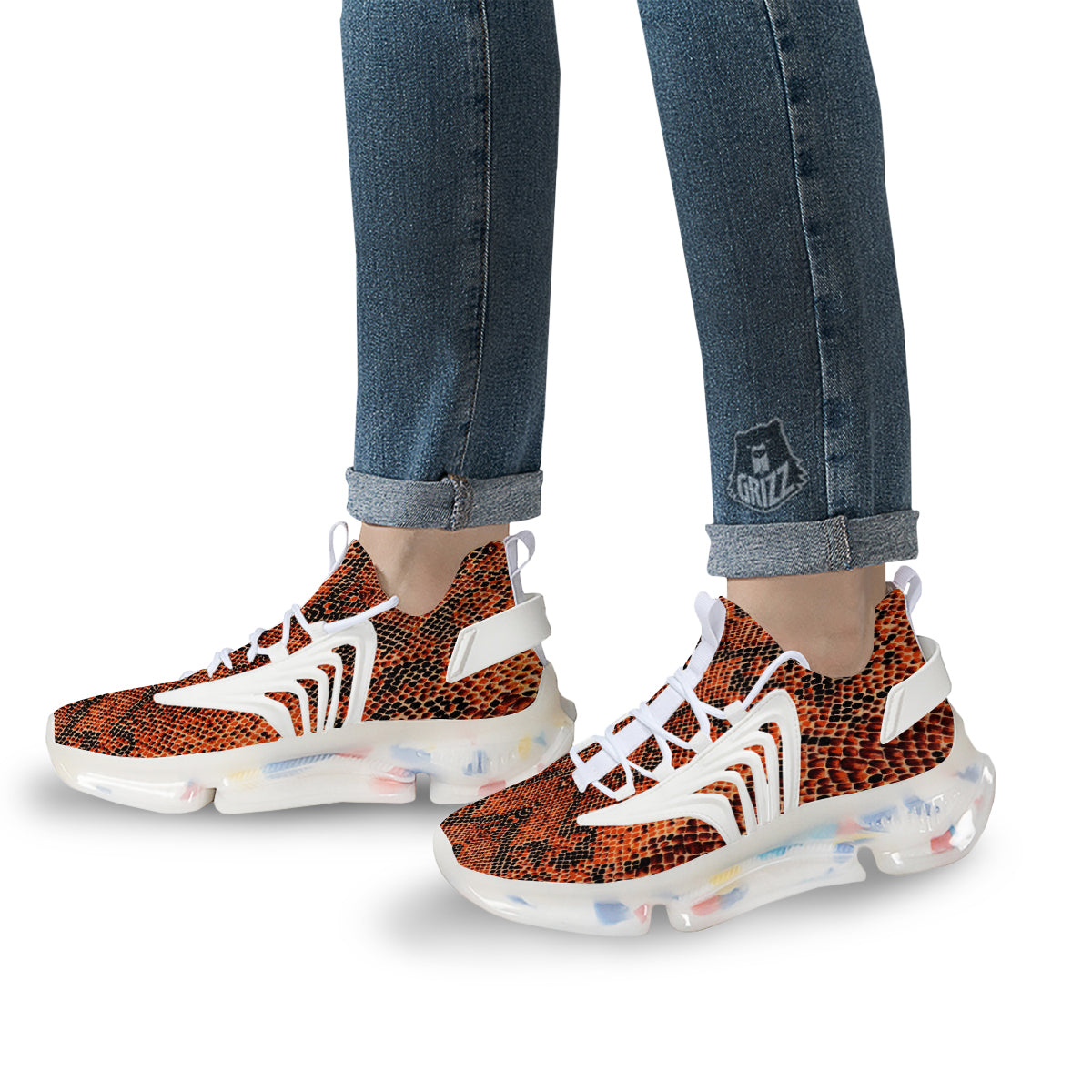 Snake Skin Black Orange Print White Gym Shoes-grizzshop