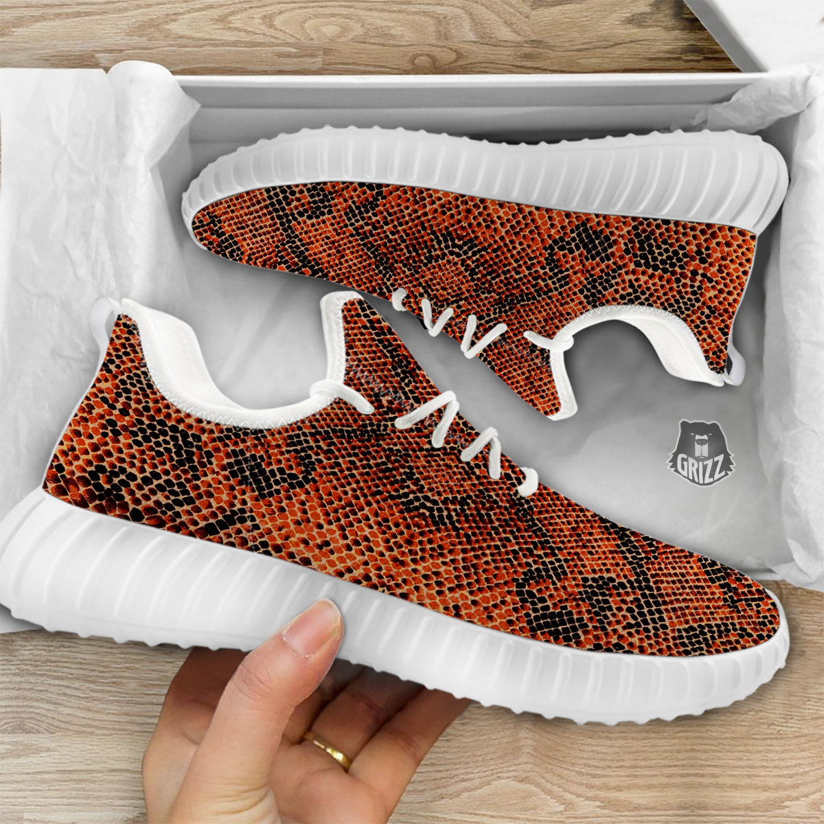 Snake Skin Black Orange Print White Walking Shoes-grizzshop