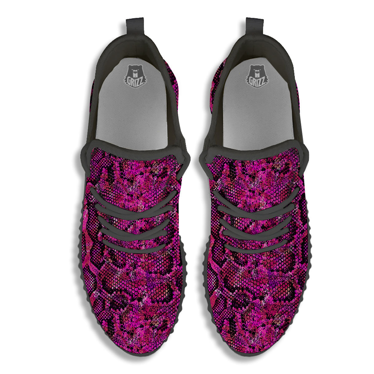 Snake Skin Black Pink Print Black Walking Shoes-grizzshop