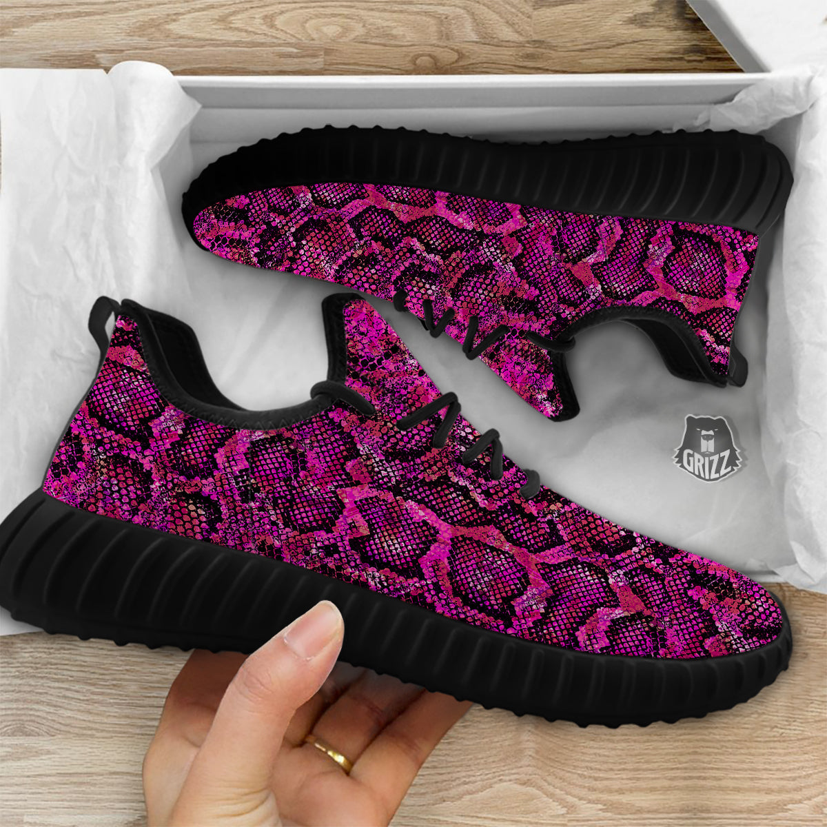 Snake Skin Black Pink Print Black Walking Shoes-grizzshop