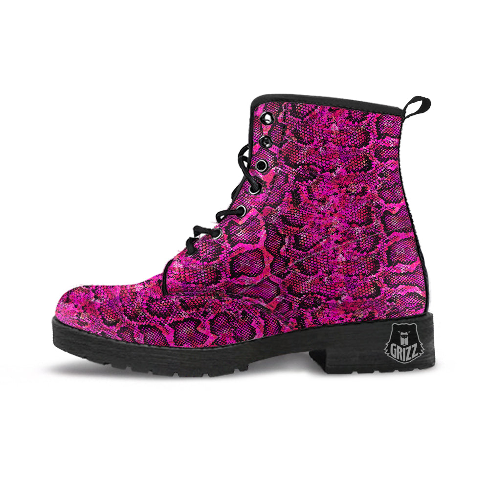 Snake Skin Black Pink Print Leather Boots-grizzshop