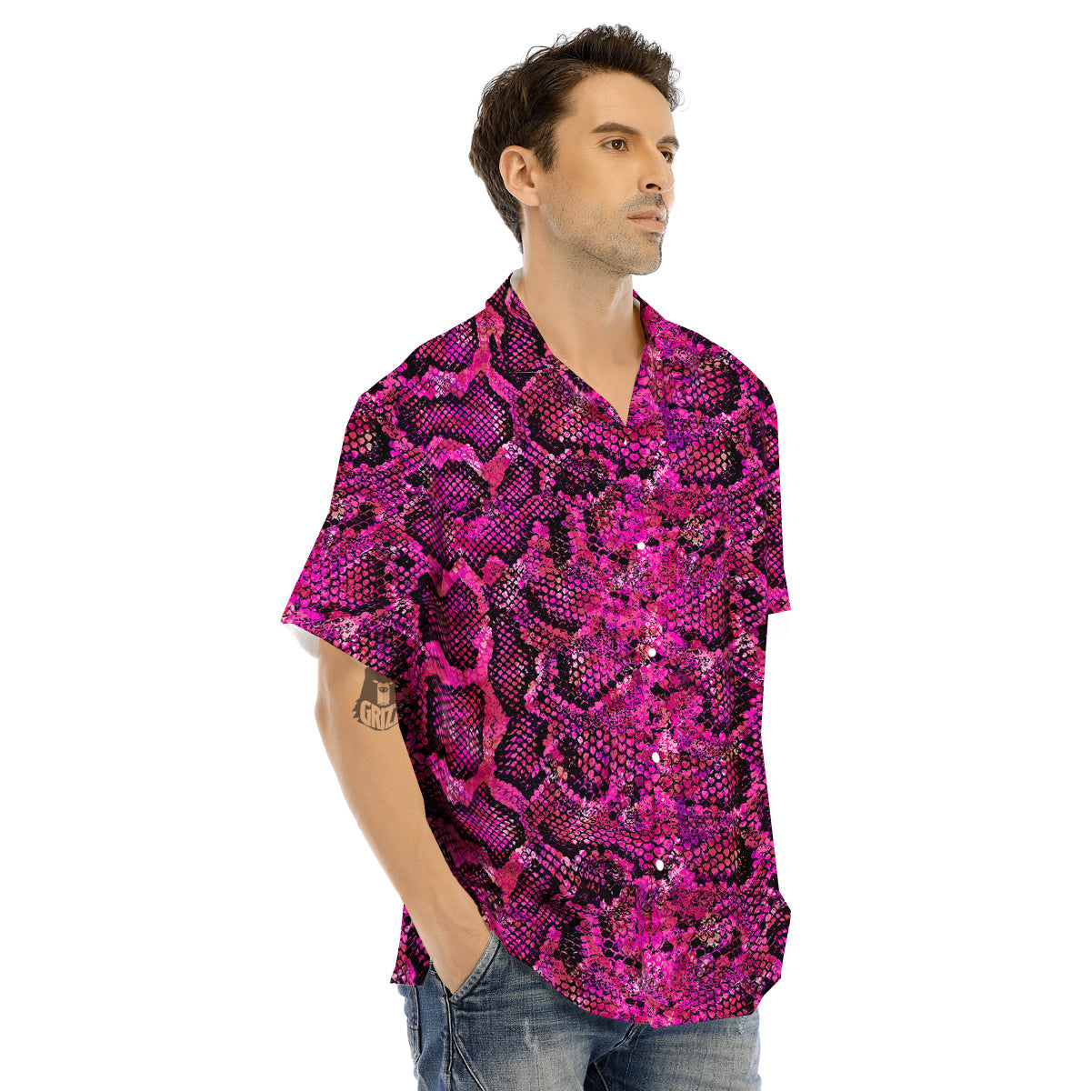 Snake Skin Black Pink Print Men's Hawaiian Shirt-grizzshop