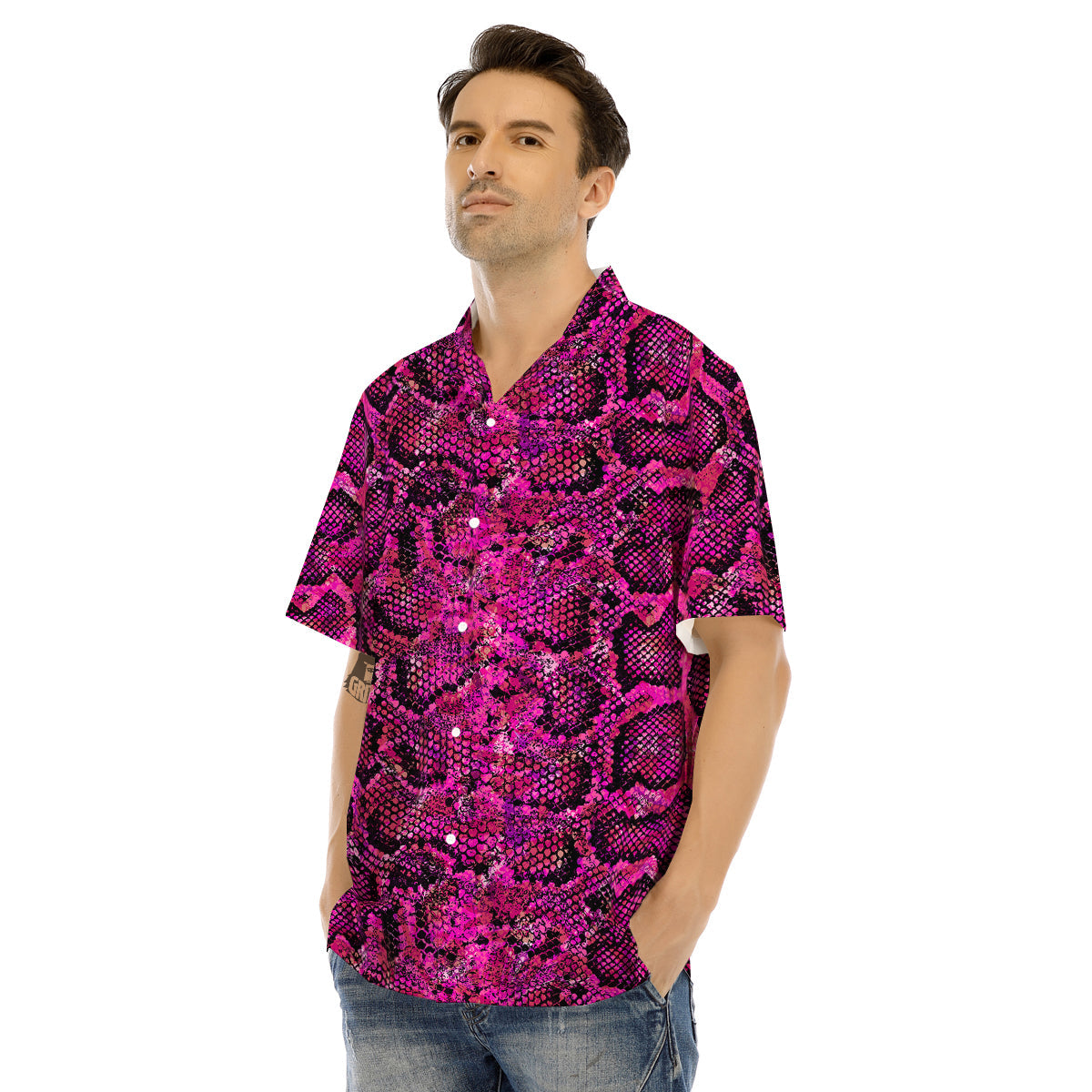 Snake Skin Black Pink Print Men's Hawaiian Shirt-grizzshop