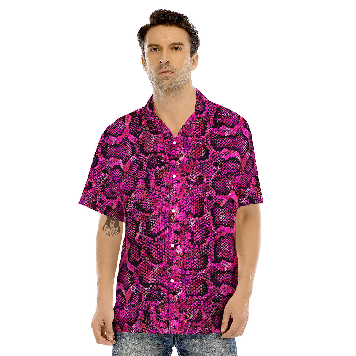 Snake Skin Black Pink Print Men's Hawaiian Shirt-grizzshop